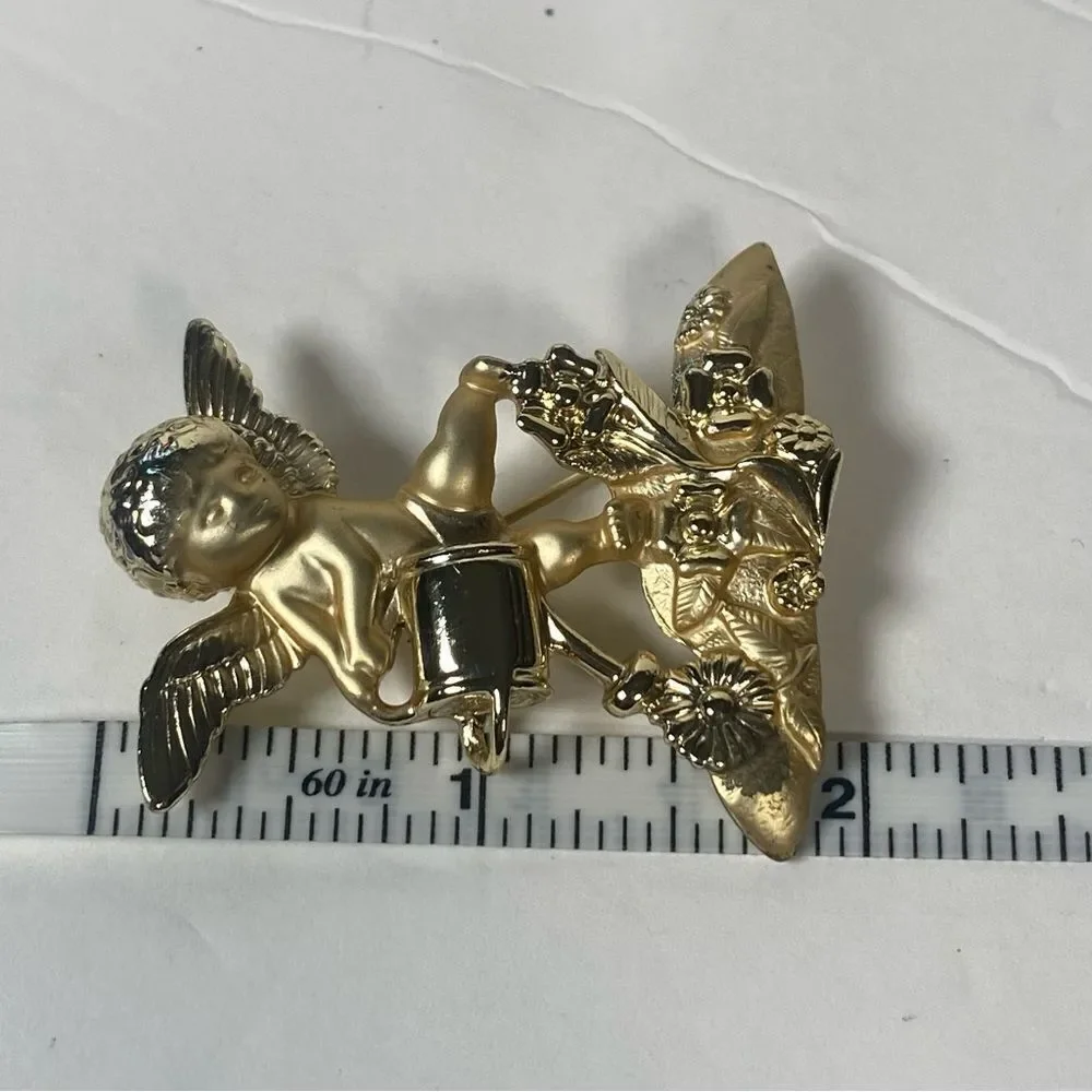 American Jewelry Company Vintage Matte and Satin Gold Finish Angel Brooch